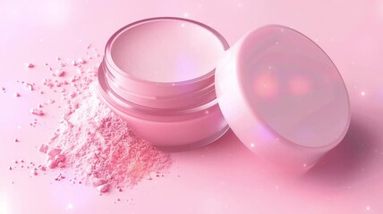 Wall Mural - make up powder. A box of loose powder, round clamshell boxlight anocompact,light pink background