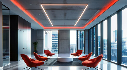 Poster - A modern lounge area in an office with an x shape linear lighting- color vibe white, black, red. Generative AI.