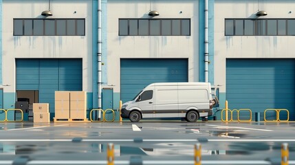 Outside view of a modern logistics warehouse with open storage gate and delivery van filled with cardboard boxes, ideal for business and industrial supply chain concepts