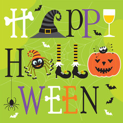 Wall Mural - Happy Halloween card design with lettering and Halloween elements