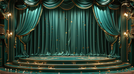 Poster - Green stage with curtains and golden decoration, vector illustration, 3d rendering, cinema light. Generative AI.