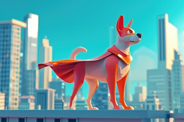 Wall Mural - white dog is wearing a cape and standing on a building