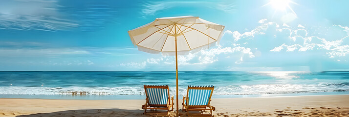 Wall Mural - Landscape summer vacation holiday travel ocean sea beach background banner panorama - Wooden sun loungers, lounge chair and parasol on the sand, blue sky and sunshine 