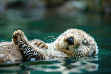 Sea otter floating on its back in the water, holding a shell