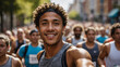 © CreativeMania - Young black man marathon runner is taking selfie while running with other runners in marathon race competition on the street in the city. Active lifestyle, jogging hobby