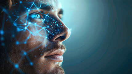 Poster - A masthead background image used for an AI based scam intervention cybersecurity company. face man. Generative AI.