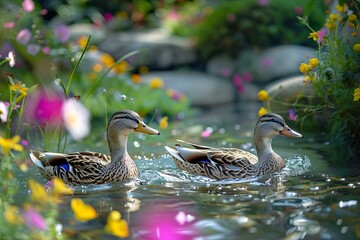 Canvas Print - Two mallard ducks glide peacefully on a sunlit pond surrounded by vibrant flowers