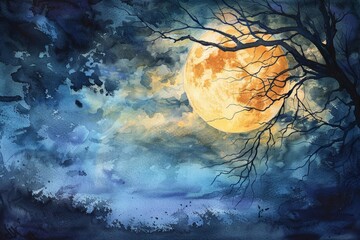 Sticker - simple stunning watercolor painting, full moon, night art