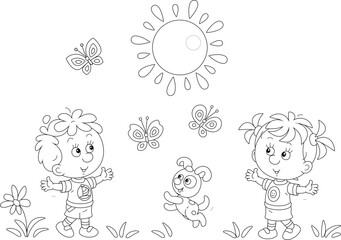 Wall Mural - Happy little kids and their merry pup playing with colorful butterflies in a park on a sunny summer day, black and white outline vector cartoon illustration for a coloring book