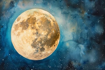 Wall Mural - stunning watercolor painting, close up of full moon, show whole moon in the night sky