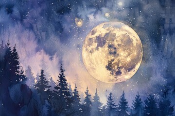 Wall Mural - stunning watercolor painting, full moon, night sky