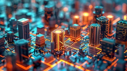 Aufkleber - 3d render of cityscape made from circuit boards, colorful, blue and orange gradient background, flat lay. Generative AI.