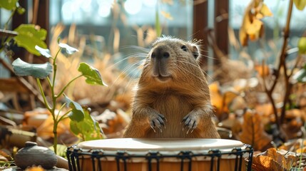 Wall Mural - A capybara playing Marimba, the capybara enjoying the musical experience. Generative AI.