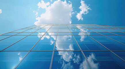 Aufkleber - Solar panels installed on a modern office building facade, reflecting the urban environment and blue sky above. Generative AI.
