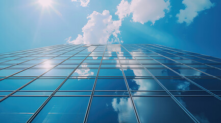 Aufkleber - Solar panels installed on a modern office building facade, reflecting the urban environment and blue sky above. Generative AI.