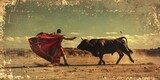 A vintage/retro Spanish bullfighting scene with a bull and matador, vintage/retro style