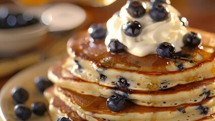 Poster - Fluffy blueberry pancakes stacked high and topped with a dollop of creamy whipped cream.