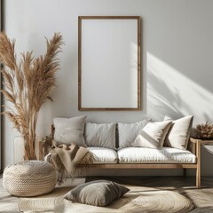 Single vertical ISO A1 frame mockup, reflective glass, mockup poster on the floor of living room. Interior mockup. Apartment background. Modern interior design. 3D, Generative AI