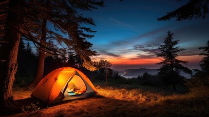 Wall Mural - Camping tent in the forest at night. Camping in the sunset., generative ai