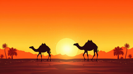 Wall Mural - Camels traveling in the middle of the desert with sky in the sunset orange background., generative ai