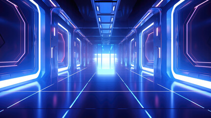 Wall Mural - Futuristic corridor with glowing lights in the dark. 3D, generative ai