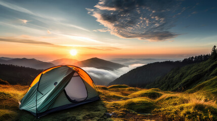 Wall Mural - Camping tent in the mountains at sunrise. Beautiful nature landscape., generative ai