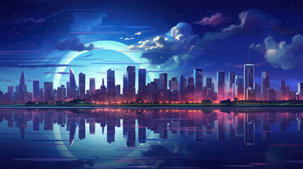Wall Mural - modern city at night with lights and reflections on water., generative ai