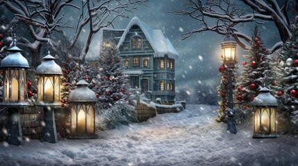 Wall Mural - Christmas lanterns, Christmas tree and Christmas lights in the snow, generative ai