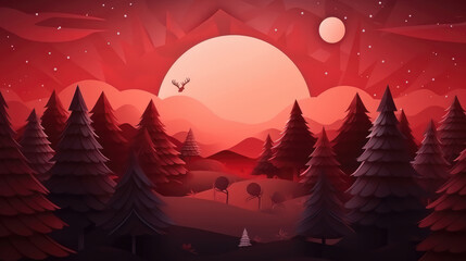 Wall Mural - Merry Christmas and happy new year greeting red background with forest and sky, generative ai