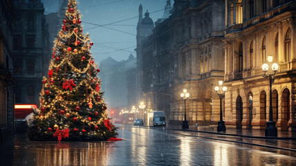 Wall Mural - Christmas tree in the European street, generative ai