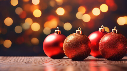 Wall Mural - red christmas balls in a blur background, generative ai