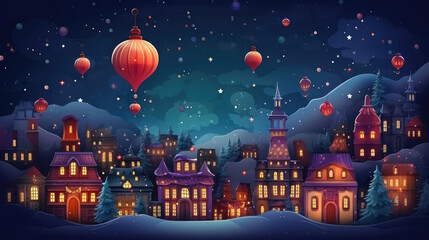 Wall Mural - Merry Christmas and happy new year greeting illustration of town, generative ai