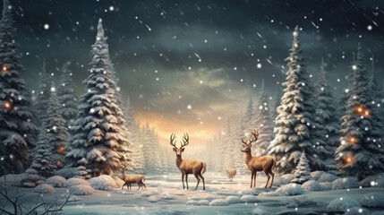 Wall Mural - Merry Christmas and happy new year with forest and snow, generative ai