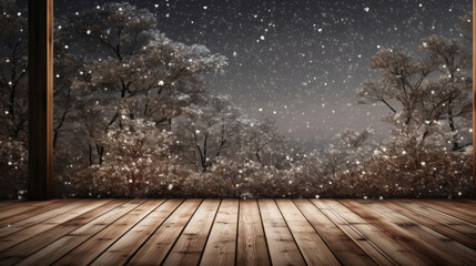 Wall Mural - wooden floor with snow falling from the sky, generative ai