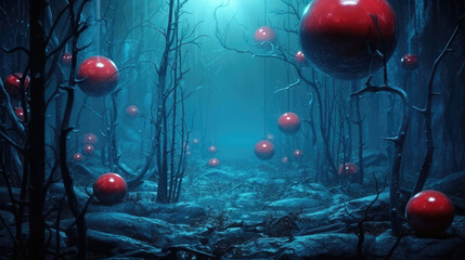 Wall Mural - Red Christmas balls in a blue forest background, generative ai