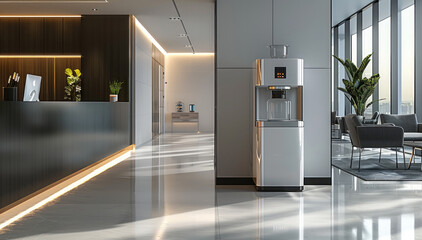 Poster - Modern minimalist office, the foreground is the tea room with a standing water dispenser, the background is the office area. Generative AI.