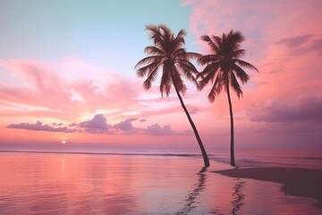 Canvas Print - Palm tree and sunset beach outdoors horizon nature.