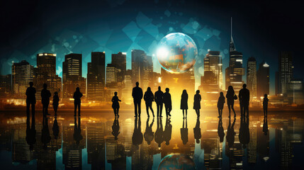 Wall Mural - abstract image of people silhouettes and globe on the background of the city., generative ai