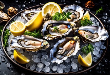 Wall Mural - fresh oysters ice lemon wedges seafood platter display, raw, shellfish, appetizer, gourmet, delicacy, cuisine, elegant, luxury, restaurant, fine, dining