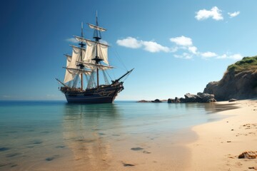 Poster - Pirate ship beach watercraft sailboat.