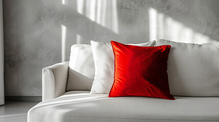 Wall Mural - White sofa with red pillow in a sunlit minimalist living room.