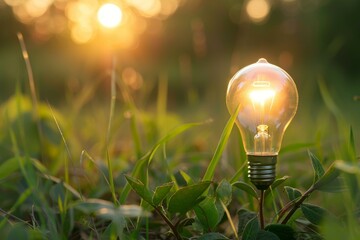 Poster - Energy concept with a glowing bulb in nature during the golden hour