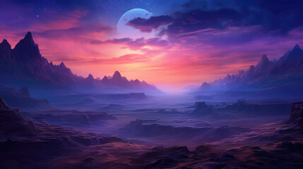 Wall Mural - Ethereal desert landscape in dark, purple and blue background in sunset., generative ai