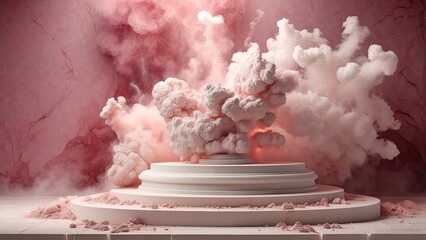 Wall Mural - White podium from white limestone marble. Pink smoke as a background with small particle explosions in it.