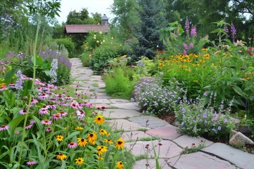 Wall Mural - Tranquil stone pathway meanders through a vibrant garden blooming with assorted flowers