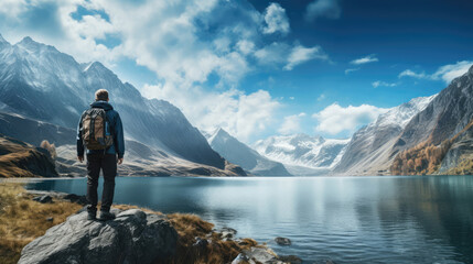 Male hiker standing in the front of a lake, back to the camera, looking to the beautiful landscape with mountain and blue sky., generative ai