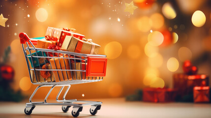 Wall Mural - Shopping cart with Christmas gifts on blurred lights background., generative ai