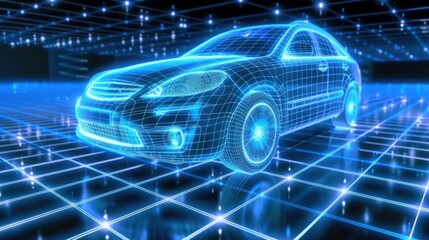 Wall Mural - A blue holographic digital car with glowing grid lines in the background showcasing futuristic technology and innovation