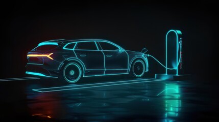 Wall Mural - A digital glowing electric car charging at station showcasing eco friendly transportation and energy efficiency