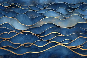 Wall Mural - Background with waves, blue and gold, created using Stock technology, imitation of watercolor painting
